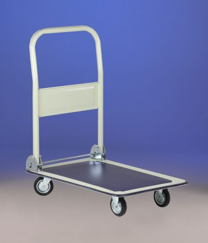 Kézikocsi összecsukható ládaszállító kiskocsi 150 kg rakfelület mérete: 47x66 cm összecsukható. Könnyű, csak 14 kg, a gumírozott, lehajtható karral