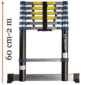   2 m magas, kihúzható létra teleszkópos alumínium létra 60 cm-re összecsukható. Széles támasztólábbal és ujjbecsípődés elleni védelemmel 