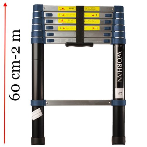 2 m magas, kihúzható létra, teleszkópos alumínium létra 60 cm-re összecsukható. Gumírozott talppal ellátva.