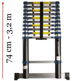   3,2 m magas, kihúzható létra, teleszkópos alumínium létra 74 cm-re összecsukható. Széles támasztólábbal és ujjbecsípődés védelemmel 