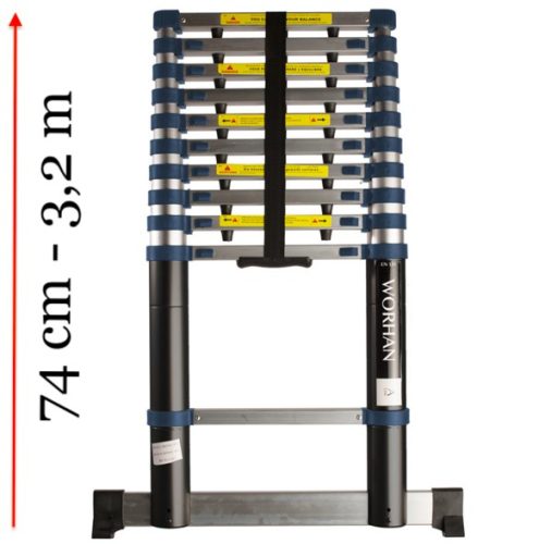 3,2 m magas, kihúzható létra, teleszkópos alumínium létra 74 cm-re összecsukható. Széles támasztólábbal és ujjbecsípődés védelemmel 