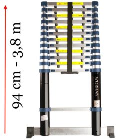   3,8 m magas, kihúzható létra teleszkópos alumínium létra 94 cm-re összecsukható.  Széles támasztólábbal és ujjbecsípődés védelemmel 