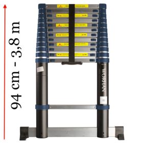   3,8 m magas, kihúzható létra teleszkópos alumínium létra 94 cm-re összecsukható. Szélesített támasztólábbal ellátott kivitel
