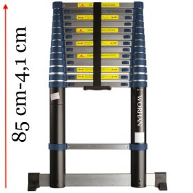   4,1 m magas, kihúzható létra teleszkópos alumínium létra alumínium fokokkal, 85 cm-re összecsukható. Széles támasztólábbal és ujjbecsípődés védelemmel 