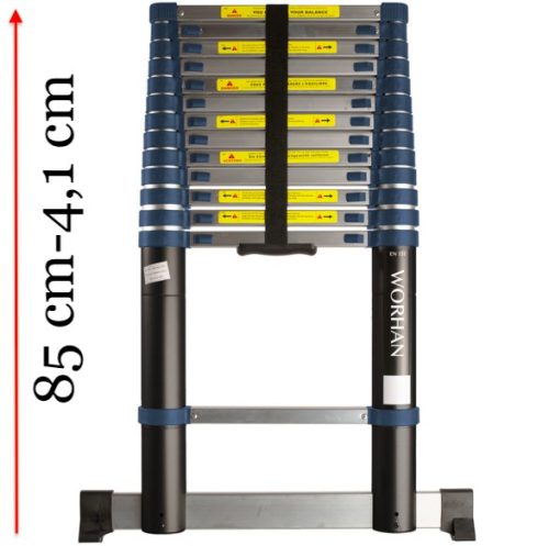 4,1 m magas, kihúzható létra teleszkópos alumínium létra alumínium fokokkal, 85 cm-re összecsukható. Széles támasztólábbal és ujjbecsípődés védelemmel 