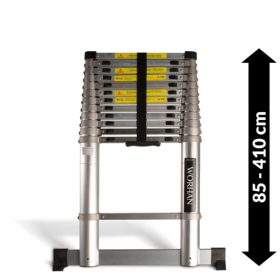   4,1 m magas, kihúzható profi létra teleszkópos alumínium létra alumínium fokokkal, 85 cm-re összecsukható. Ipari kivitel, széles támasztólábbal és ujjbecsípődés elleni védelemmel!