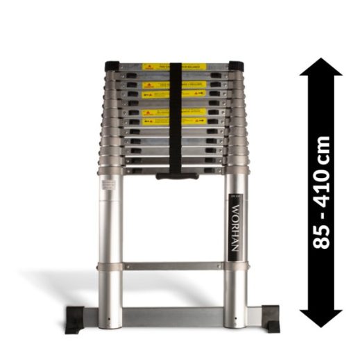 4,1 m magas, kihúzható profi létra teleszkópos alumínium létra alumínium fokokkal, 85 cm-re összecsukható. Ipari kivitel, széles támasztólábbal és ujjbecsípődés elleni védelemmel!