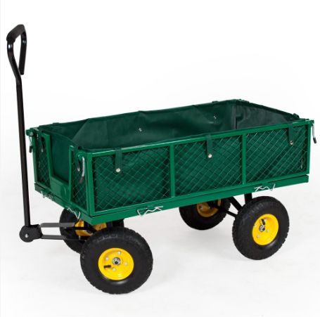 Kiskocsi, kézikocsi 350 kg teherbírással Rakfelület 93x49x24 cm nagy méretű kerekekkel, lehajtható oldalú platóval, nem levehető karral