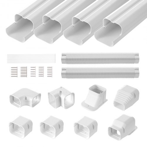 Mini split vezetékkészlet burkolat 76,2 mm W 5350 mm L, dekoratív PVC csővezeték burkolat légkondicionálóhoz 4 egyenes csatornával és komplett alkatrészekkel, festhető hőszivattyúkhoz, fehér színű