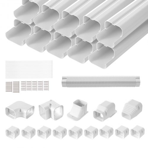 Mini split vezetékkészlet burkolat 76,2 mm W 5400 mm L, dekoratív PVC csővezeték burkolat légkondicionáláshoz 10 egyenes csővel és komplett alkatrészekkel, festhető hőszivattyúkhoz, fehér színben.