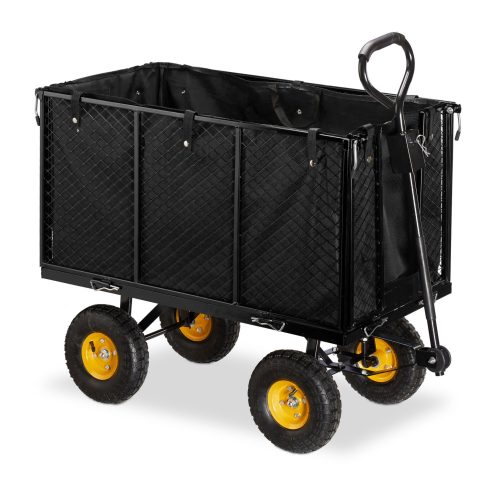 Kerti kocsi 83x51x113 cm húzható acél kézikocsi 500 kg teherbírású lenyitható oldalfalakkal szállító