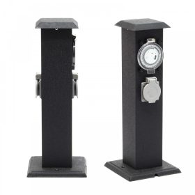   Acél kerti konnektor dupla aljzat időzítővel, 40 cm magas szögletes alakú kültéri elosztó