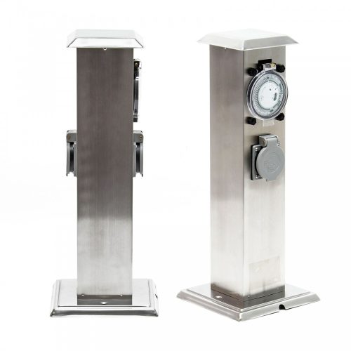 Rozsdamentes kerti konnektor dupla aljzat időzítővel, 40 cm magas inox szögletes alakú kültéri elosztó