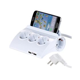   Hálózati konnektor 5 aljzattal 2 USB töltőporttal és okostelefon tartóval beltéri elosztó