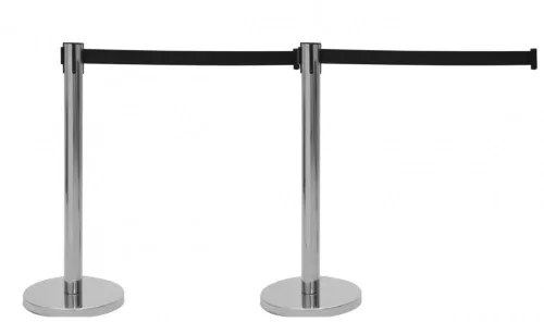 Kordonoszlop ezüst terelőkorlát terelőszalag 2 db fém kordonoszlop 290 cm fekete önbehúzó szalaggal 
