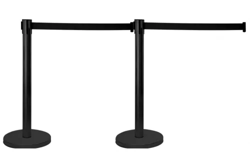Kordonoszlop fekete terelőkorlát terelőszalag 2 db fém kordonoszlop 290 cm fekete önbehúzó szalaggal 
