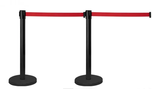Kordonoszlop terelőkorlát terelőszalag 2 db fém kordonoszlop 290 cm piros önbehúzó szalaggal 