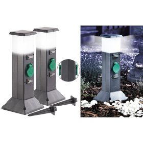   2 db Kerti energiaoszlop 2-2 konnektorral LED lámpával IP44 Kültéri lámpa szett dupla dugaljjal 10x40x10 cm cm 2 darab fekete-zöld