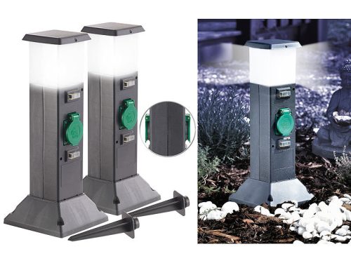 2 db Kerti energiaoszlop 2-2 konnektorral LED lámpával IP44 Kültéri lámpa szett dupla dugaljjal 10x40x10 cm cm 2 darab fekete-zöld