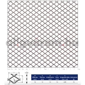   Expandált lemez acél 1250x2500x1,5 mm tábla 16x12 mm lyuk négyzet alakú nyílások áteresztő felület: 75%