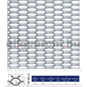 Expandált lemez rozsdamentes 1250x2500x1,5 mm tábla 45x13,5 mm lyuk hatszög áteresztő felület: 34%