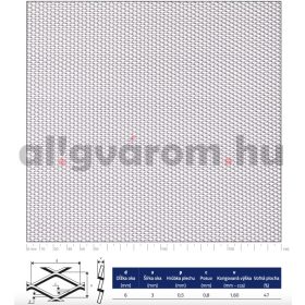 Expandált lemez rozsdamentes 1000x2000x0,5 mm tábla 6x3,5 mm gyémánt lyuk saválló inox 