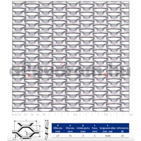   Expandált lemez rozsdamentes 1250x1600x3 mm tábla 47x13,5 mm mm lyuk hatszög áteresztő felület: 23% saválló inox