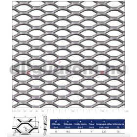   Expandált lemez  1000x2000x3 mm tábla 45x16,5 mm lyuk hatszög áteresztő felület: 52% 