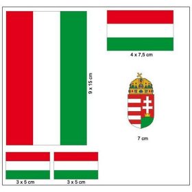   Magyar zászló és koronás címer öntapadó matrica készlet 5 darabos, kültéri, műanyag
