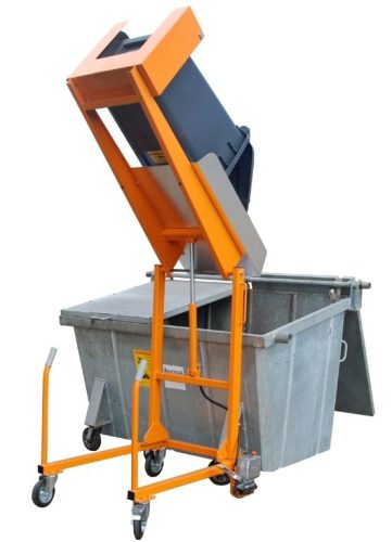 Hulladék tartály ürítő szerkezet kukaborító - 230 V vagy 12 V akkumulátoros meghajtással működő- 120 és 240 literes hulladékgyűjtő edényhez   