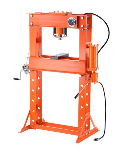 hidraulikus műhelyprés 20 t (H-kerettel) préslappal, állítható hidraulikus prés (max. henger 185 mm) háromszög alakú tartóval, hajlításhoz, egyengetéshez és lyukasztáshoz alkalmas, narancssárga