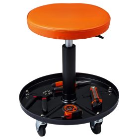   Állítható magasságú gurulós műhelyszék 113 kg teherbírás, szerszámtárolóval fekete-narancs