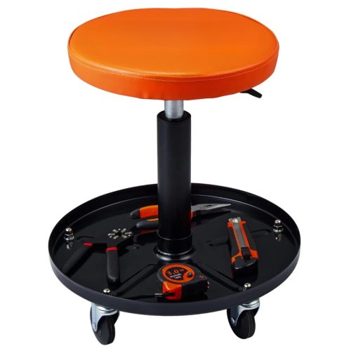 Állítható magasságú gurulós műhelyszék 113 kg teherbírás, szerszámtárolóval fekete-narancs