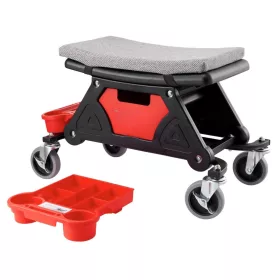   Alacsony gurulós műhelyszék tárolókkal 136 kg teherbírás, fékezhető kerekekkel 640x335x390 mm