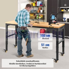   Állítható magasságú munkaasztal 155x51x105 cm 720 kg teherbírású konnektorral felszerelt munkapad 