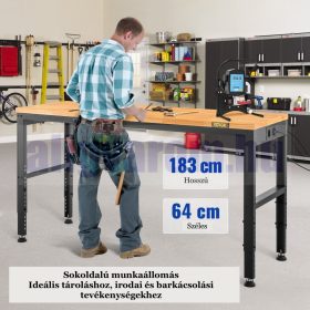   Állítható magasságú munkaasztal 183x64x97 cm 900 kg teherbírású konnektorral felszerelt munkapad 