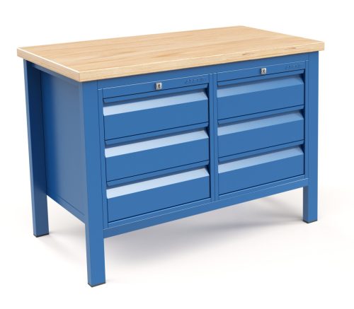 Fiókos műhelyasztal ipari kivitel 6 fiók 40 mm rétegelt lemez munkalap 700 kg teherbírású munkaasztal 120x70x88 cm CORTI STONE 