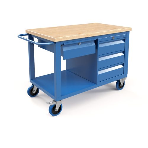 Gurulós műhelyasztal ipari kivitel 4 fiók, 40 mm rétegelt lemez munkalap 600 kg teherbírású munkaasztal 120x70x87 cm CORTI STONE 