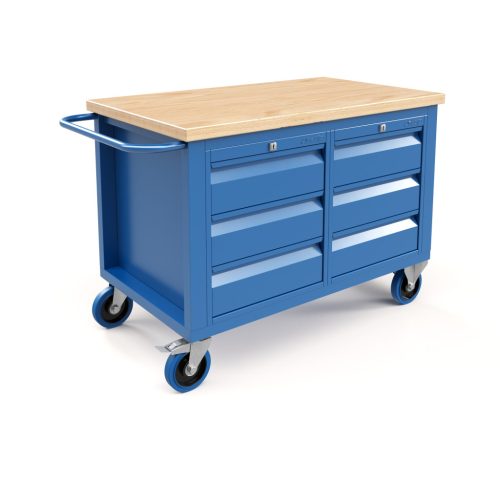 Gurulós műhelyasztal ipari kivitel 6 fiókos, 40 mm rétegelt lemez munkalap 600 kg teherbírású munkaasztal 120x70x87 cm CORTI STONE 