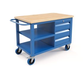   Gurulós műhelyasztal ipari kivitel 2 polc, 3 fiókos szekrény 43 mm laminált bükkfa munkalap 600 kg teherbírású munkaasztal 120x70x87 cm CORTI STONE 