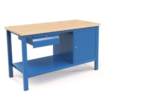 Fiókos műhelyasztal ipari kivitel 1 fiók, 1 szekrény 43 mm bükkfa munkalappal  600 kg teherbírású munkaasztal 150x70x88 cm CORTI STONE 