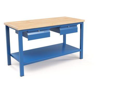 Fiókos műhelyasztal ipari kivitel 2 fiókos 40 mm rétegelt lemez munkalappal 600 kg teherbírású munkaasztal 150x75x88 cm CORTI STONE 