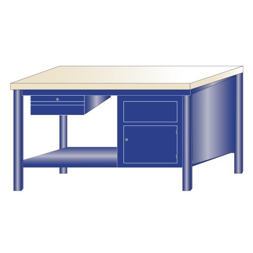 Fiókos műhelyasztal ipari kivitel 2 fiók, 1 szekrény 43 mm bükkfa munkalappal  600 kg teherbírású munkaasztal 150x75x88 cm CORTI STONE 