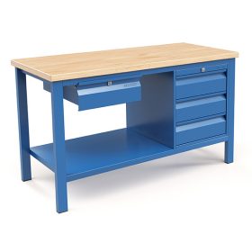   Fiókos műhelyasztal ipari kivitel 1 fiók, 3 fiókos szekrény 43 mm bükkfa munkalappal  600 kg teherbírású munkaasztal 150x70x88 cm CORTI STONE 