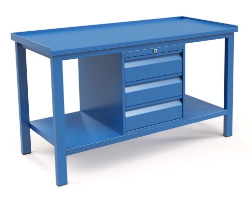 Műhelyasztal ipari kivitel 3 fiókos szekrény, acél munkalappal 600 kg teherbírású munkaasztal 150x70x88 cm CORTI FERRO