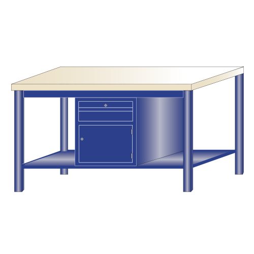 Fiókos műhelyasztal ipari kivitel 1 fiók, 1 polcos szekrény 43 mm bükkfa munkalappal 600 kg teherbírású munkaasztal 150x75x88 cm CORTI STONE 