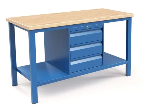 Fiókos műhelyasztal ipari kivitel 3 fiókos szekrény 43 mm bükkfa munkalappal 600 kg teherbírású munkaasztal 150x70x88 cm CORTI STONE 