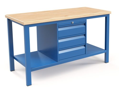 Fiókos műhelyasztal ipari kivitel 3 fiókos szekrény 43 mm bükkfa munkalappal 600 kg teherbírású munkaasztal 150x70x88 cm CORTI STONE 