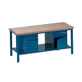   Fiókos műhelyasztal ipari kivitel 2 fiókkal és 2 szekrénnyel, rétegelt lemez munkalappal 400 kg teherbírású munkaasztal 200x75x88 cm CORTI STONE 