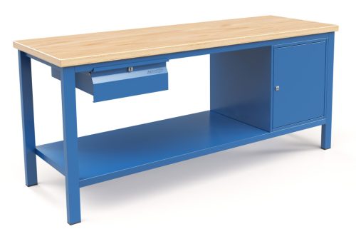 Fiókos műhelyasztal ipari kivitel 1 fiók, 1 szekrény, 43 mm bükkfa munkalappal 400 kg teherbírású munkaasztal 200x70x88 cm CORTI STONE 